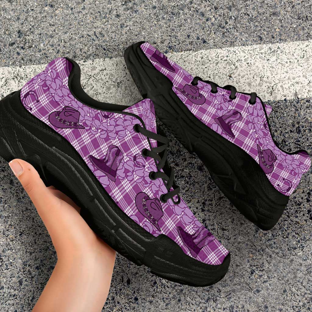Purple Palaka Hawaii Cowboy Chunky Sneakers Puakenikeni Lei Paniolo Papale Seamless Vibes - Polynesian Pride