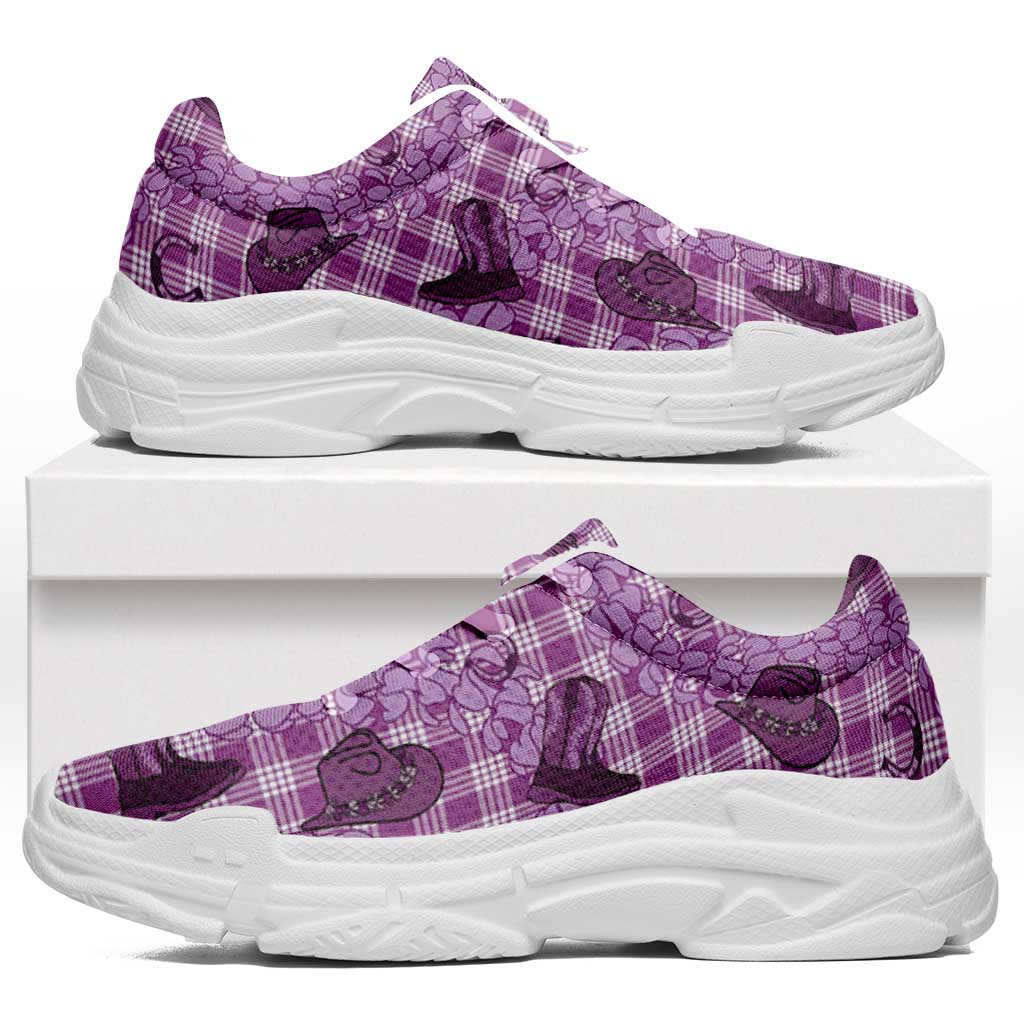 Purple Palaka Hawaii Cowboy Chunky Sneakers Puakenikeni Lei Paniolo Papale Seamless Vibes - Polynesian Pride
