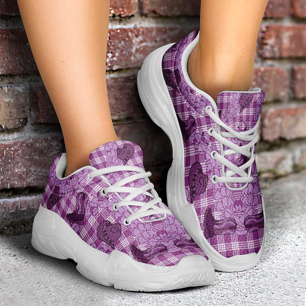 Purple Palaka Hawaii Cowboy Chunky Sneakers Puakenikeni Lei Paniolo Papale Seamless Vibes - Polynesian Pride
