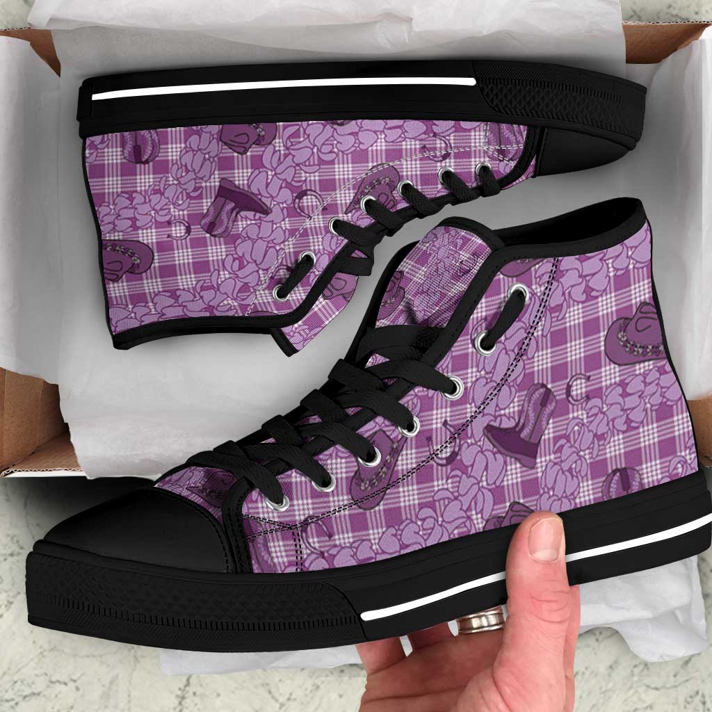 Purple Palaka Hawaii Cowboy High Top Shoes Puakenikeni Lei Paniolo Papale Seamless Vibes - Polynesian Pride