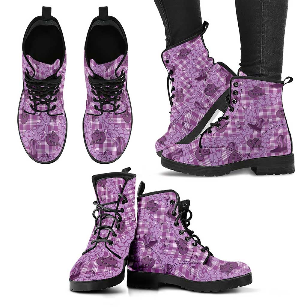 Purple Palaka Hawaii Cowboy Leather Boots Puakenikeni Lei Paniolo Papale Seamless Vibes - Polynesian Pride
