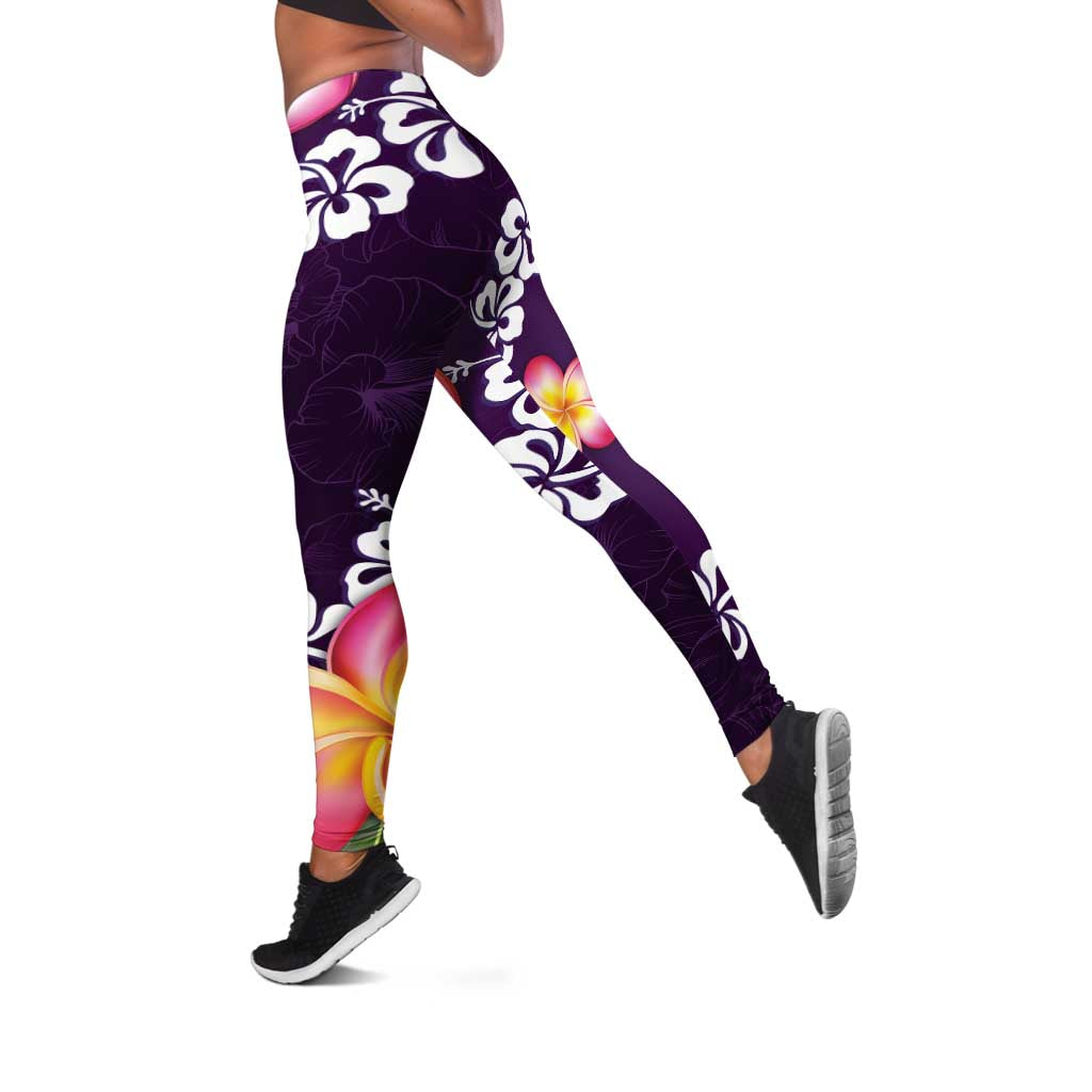 Purple Polynesia Leggings Plumeria With Hibiscus Pattern Tropical Vibes LT14 Purple - Polynesian Pride