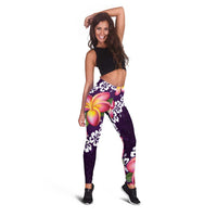 Purple Polynesia Leggings Plumeria With Hibiscus Pattern Tropical Vibes LT14 - Polynesian Pride