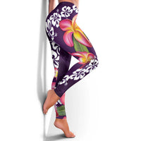 Purple Polynesia Leggings Plumeria With Hibiscus Pattern Tropical Vibes LT14 - Polynesian Pride