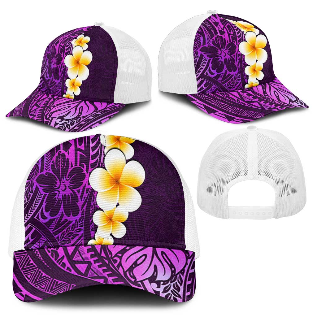 Purple Polynesia Mesh Trucker Cap Plumeria Tropical Leaves With Galaxy Polynesian Art - Polynesian Pride