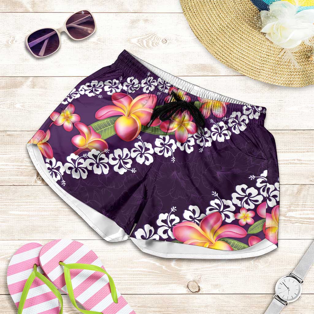 Purple Polynesia Shorts for Women Plumeria With Hibiscus Pattern Tropical Vibes - Polynesian Pride