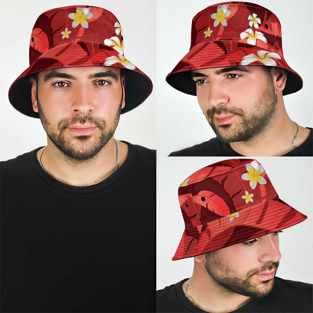 Red Banana Leaf Hawaii Bucket Hat Lau Maia Plumeria Tropical Summer Vibes