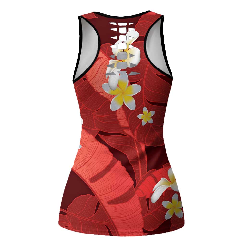 Red Banana Leaf Hawaii Hollow Tank Top Lau Maia Plumeria Tropical Summer Vibes