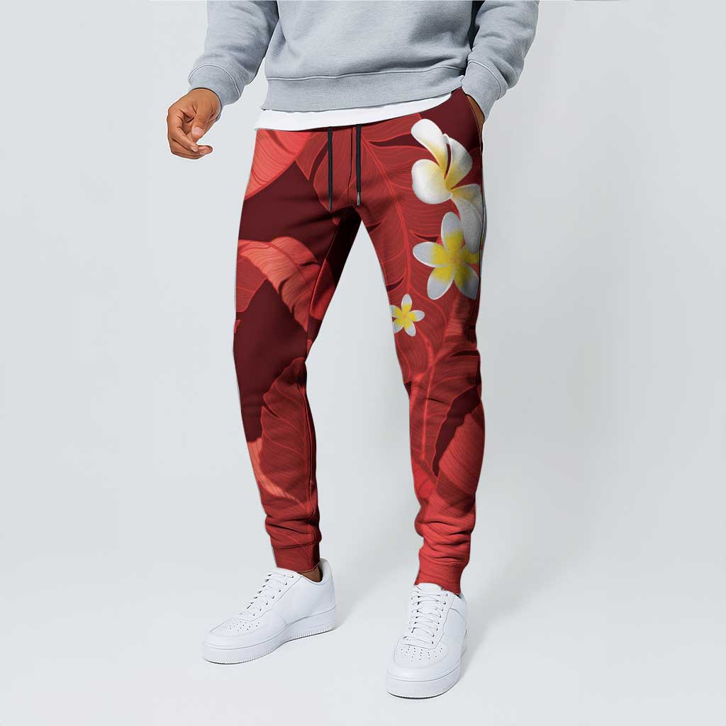 Red Banana Leaf Hawaii Jogger Pants Lau Maia Plumeria Tropical Summer Vibes