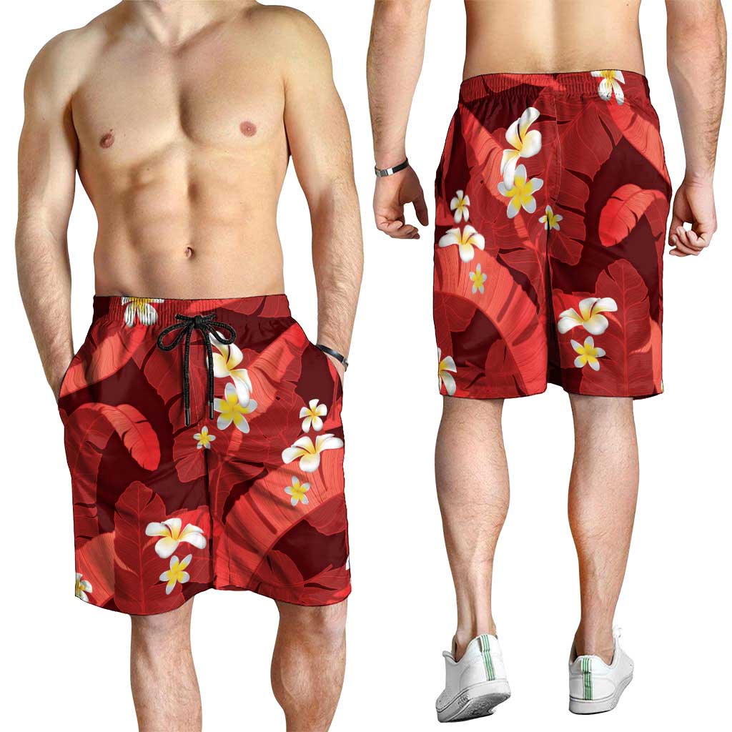 Red Banana Leaf Hawaii Shorts for Men Lau Maia Plumeria Tropical Summer Vibes