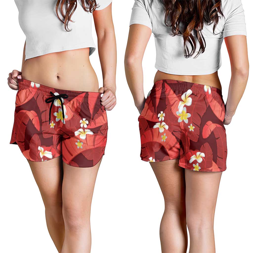 Red Banana Leaf Hawaii Shorts for Women Lau Maia Plumeria Tropical Summer Vibes