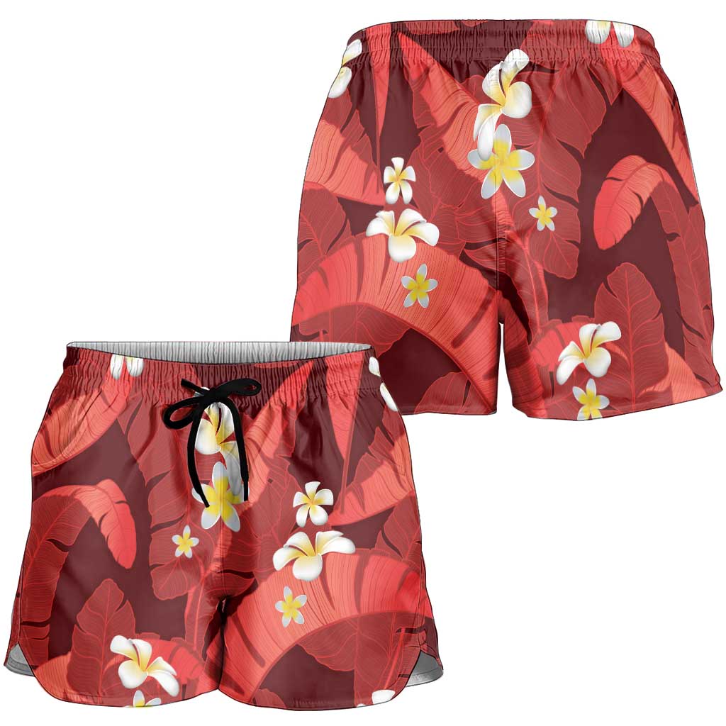 Red Banana Leaf Hawaii Shorts for Women Lau Maia Plumeria Tropical Summer Vibes
