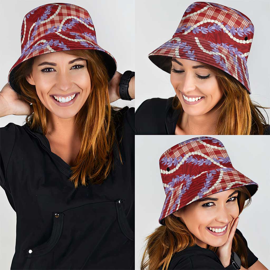 Red Hawaii Palaka Honohono Pikake Bucket Hat Hawaiian Orchid Lei Polynesian Pattern - Polynesian Pride