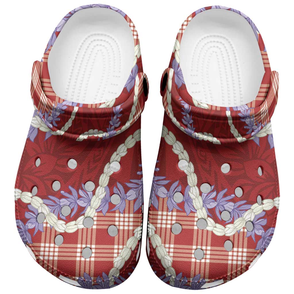 Red Hawaii Palaka Honohono Pikake Clogs Shoes Hawaiian Orchid Lei Polynesian Pattern - Polynesian Pride