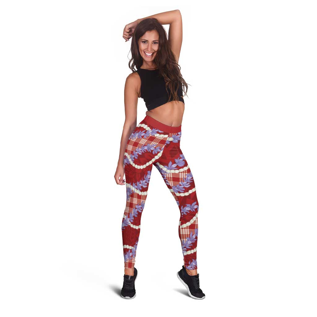 Red Hawaii Palaka Honohono Pikake Leggings Hawaiian Orchid Lei Polynesian Pattern - Polynesian Pride