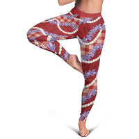 Red Hawaii Palaka Honohono Pikake Leggings Hawaiian Orchid Lei Polynesian Pattern - Polynesian Pride