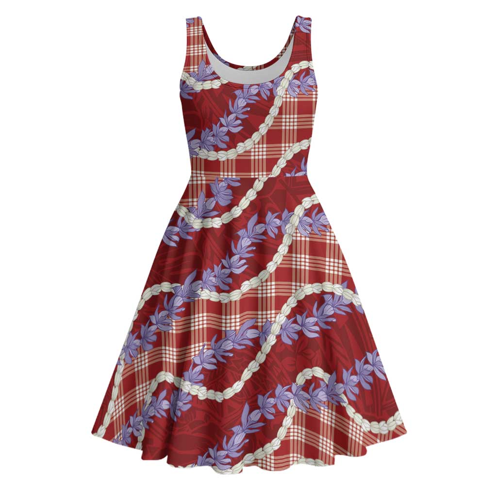 Red Hawaii Palaka Honohono Pikake Midi Dress Hawaiian Orchid Lei Polynesian Pattern - Polynesian Pride