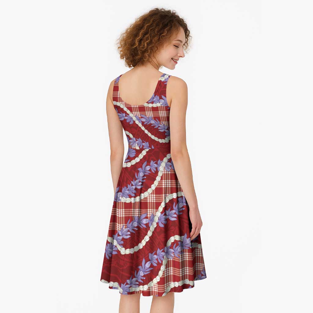 Red Hawaii Palaka Honohono Pikake Midi Dress Hawaiian Orchid Lei Polynesian Pattern - Polynesian Pride