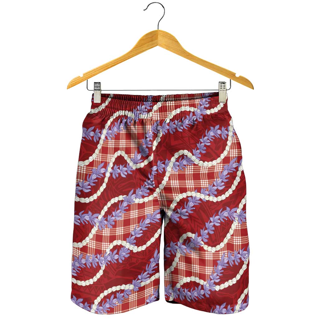 Red Hawaii Palaka Honohono Pikake Shorts for Men Hawaiian Orchid Lei Polynesian Pattern - Polynesian Pride