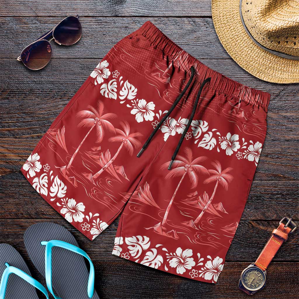 Red Hawaii Palm Tree Hibiscus Shorts for Men Fantasy Summer Vibe LT01 Red - Polynesian Pride