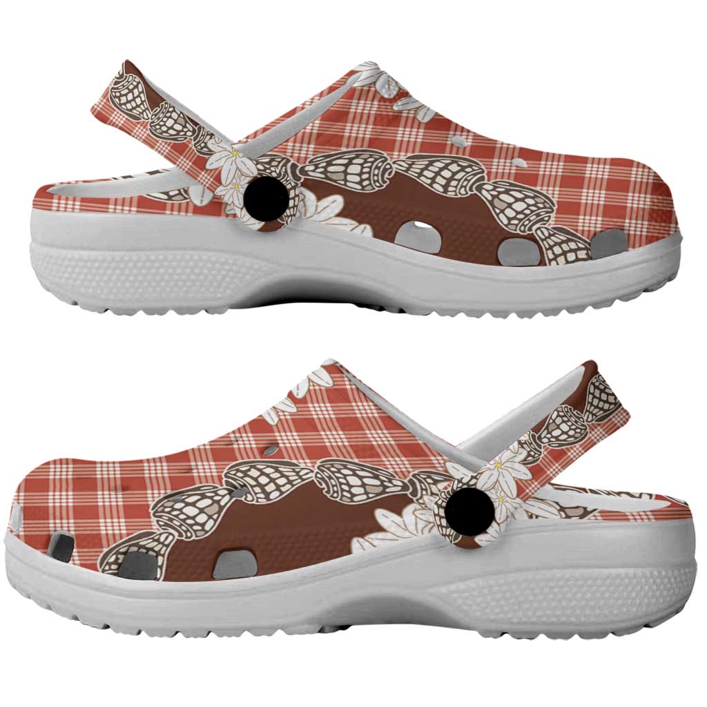 Red Hawaii Tiare and Shell Lei Clogs Shoes Hawaiian Palaka Luxury Vibes - Polynesian Pride