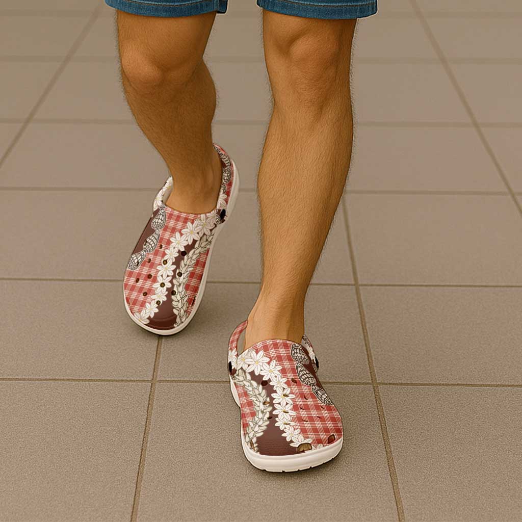 Red Hawaii Tiare and Shell Lei Clogs Shoes Hawaiian Palaka Luxury Vibes - Polynesian Pride