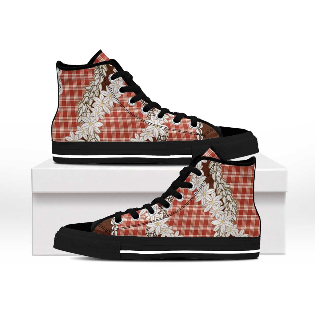 Red Hawaii Tiare and Shell Lei High Top Shoes Hawaiian Palaka Luxury Vibes - Polynesian Pride