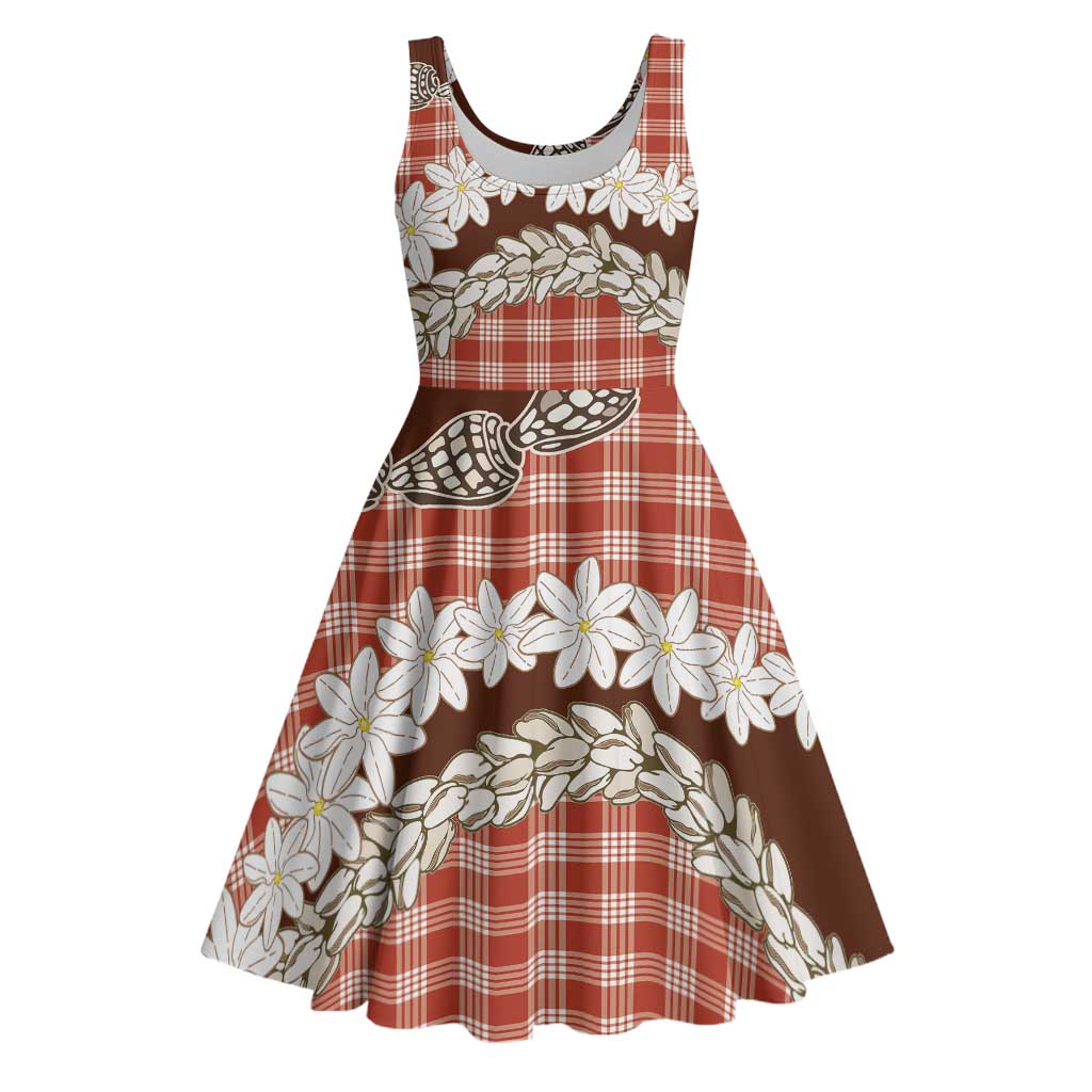 Red Hawaii Tiare and Shell Lei Midi Dress Hawaiian Palaka Luxury Vibes - Polynesian Pride