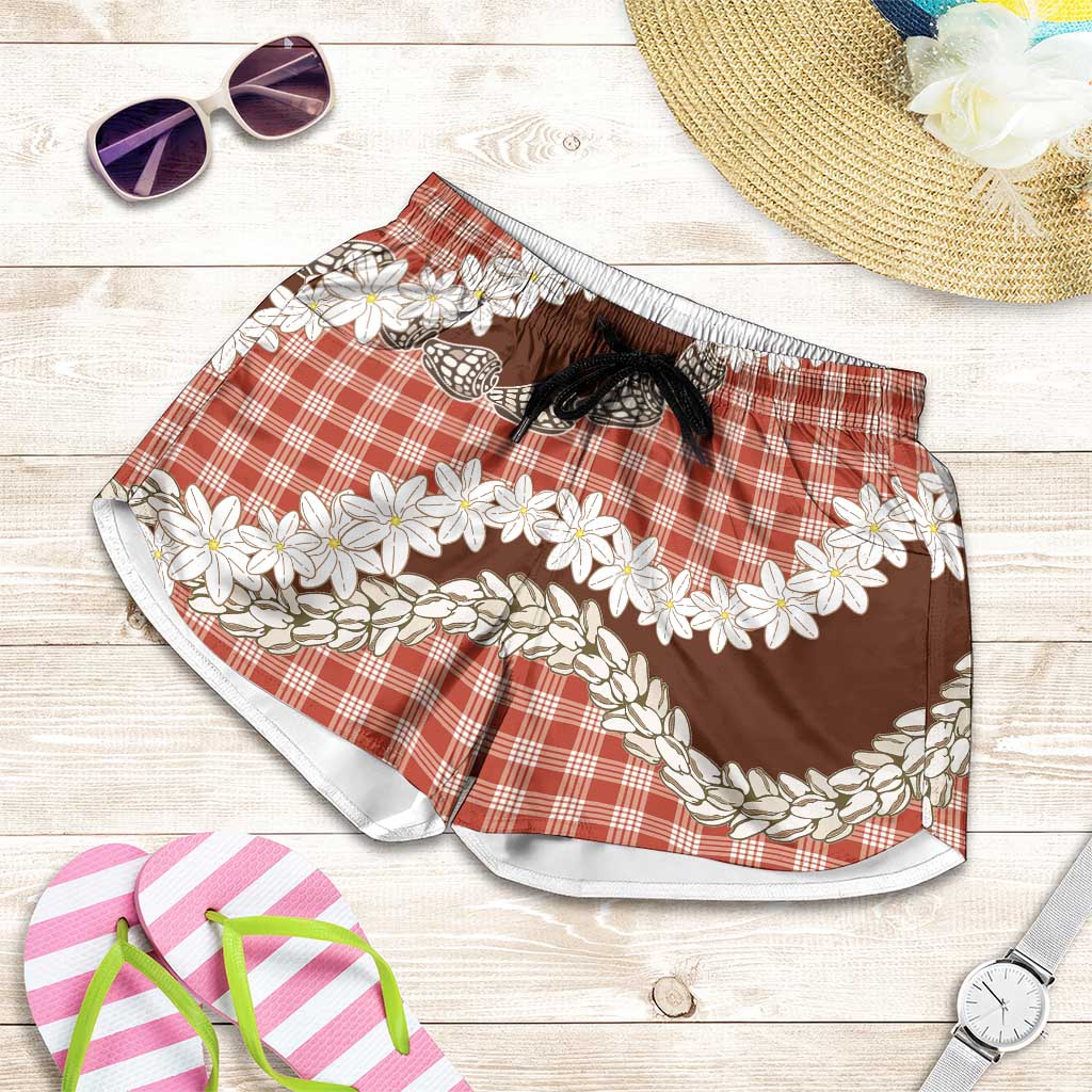 Red Hawaii Tiare and Shell Lei Shorts for Women Hawaiian Palaka Luxury Vibes - Polynesian Pride