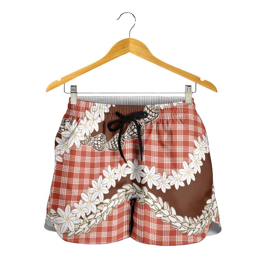 Red Hawaii Tiare and Shell Lei Shorts for Women Hawaiian Palaka Luxury Vibes - Polynesian Pride