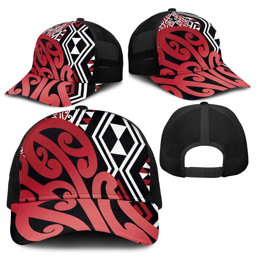 Red New Zealand Baseball Net Cap Aotearoa Kowhaiwhai Mix Taniko Art - Polynesian Pride