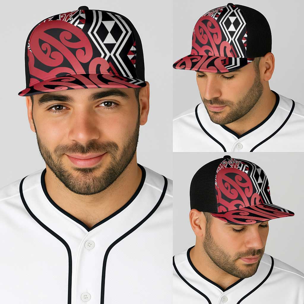 Red New Zealand Baseball Net Cap Aotearoa Kowhaiwhai Mix Taniko Art - Polynesian Pride