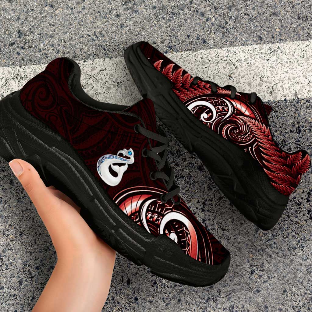 Red New Zealand Chunky Sneakers Aotearoa Silver Fern With Manaia Maori Unique LT14 - Polynesian Pride
