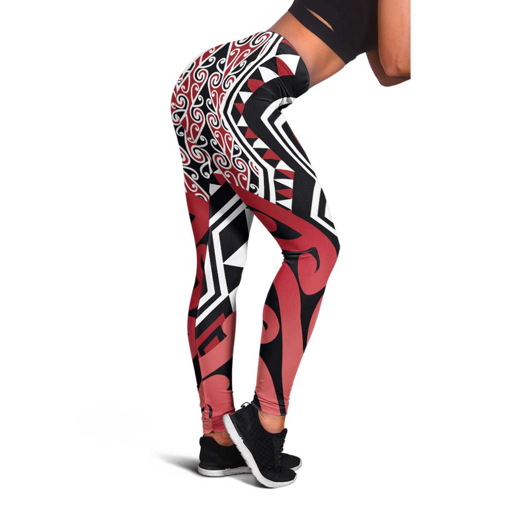 Red New Zealand Leggings Aotearoa Kowhaiwhai Mix Taniko Art LT14