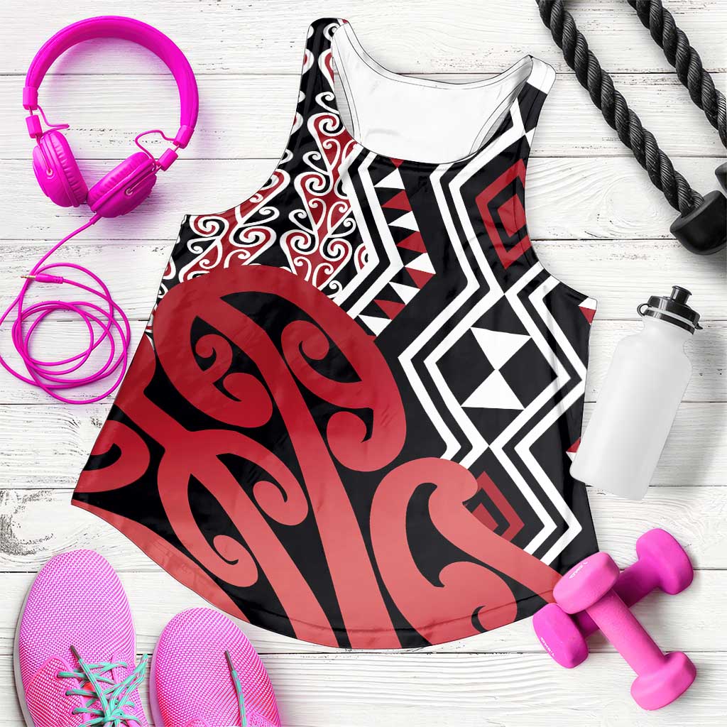 Red New Zealand Women Racerback Tank Aotearoa Kowhaiwhai Mix Taniko Art LT14 Red - Polynesian Pride