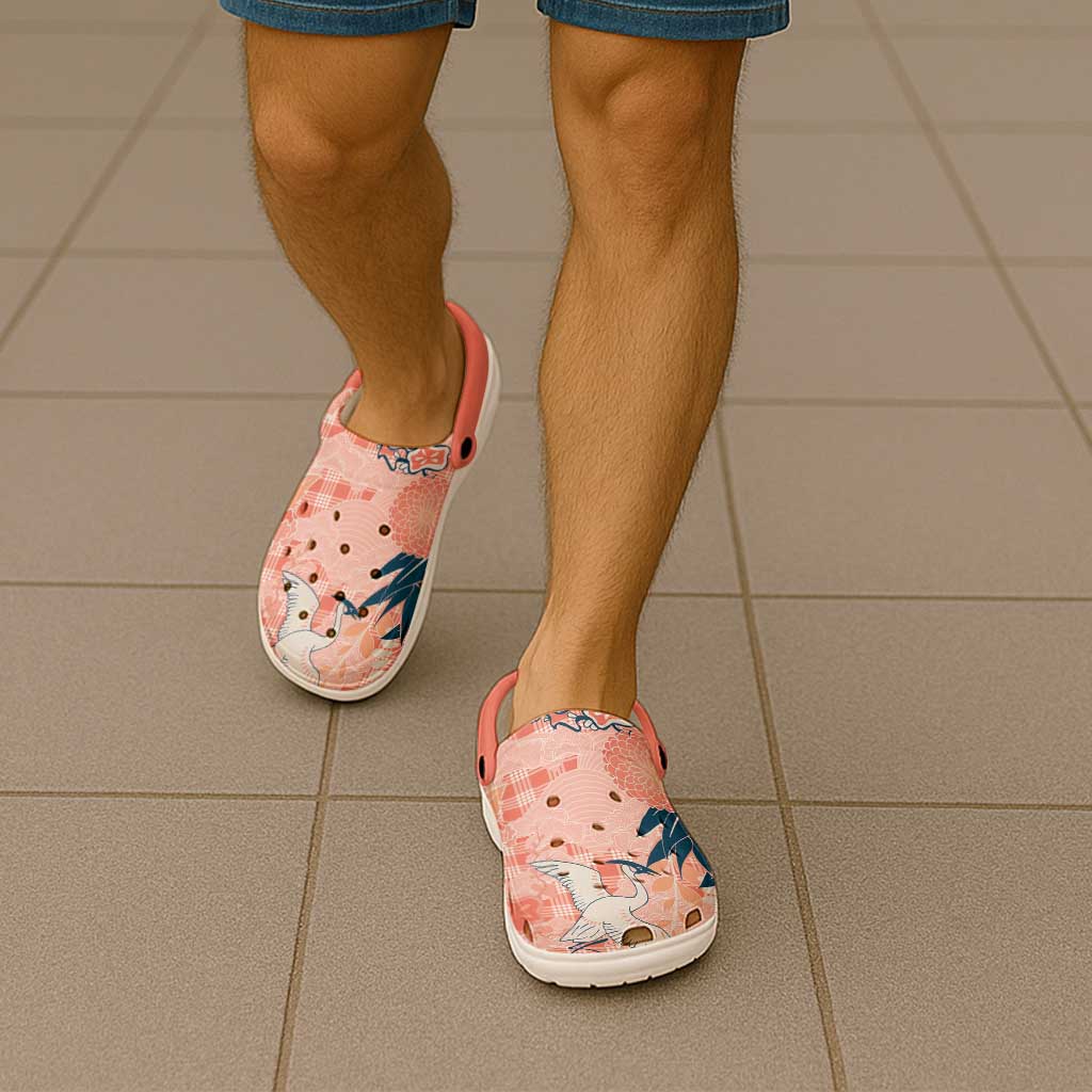 Red Palaka Crane and Flowers Clogs Shoes Japan Heritage Spirit - Polynesian Pride
