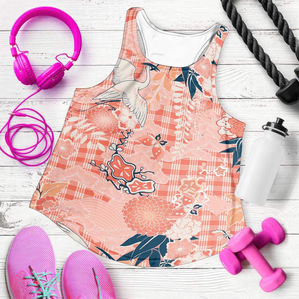 Red Palaka Crane and Flowers Women Racerback Tank Japan Heritage Spirit - Polynesian Pride