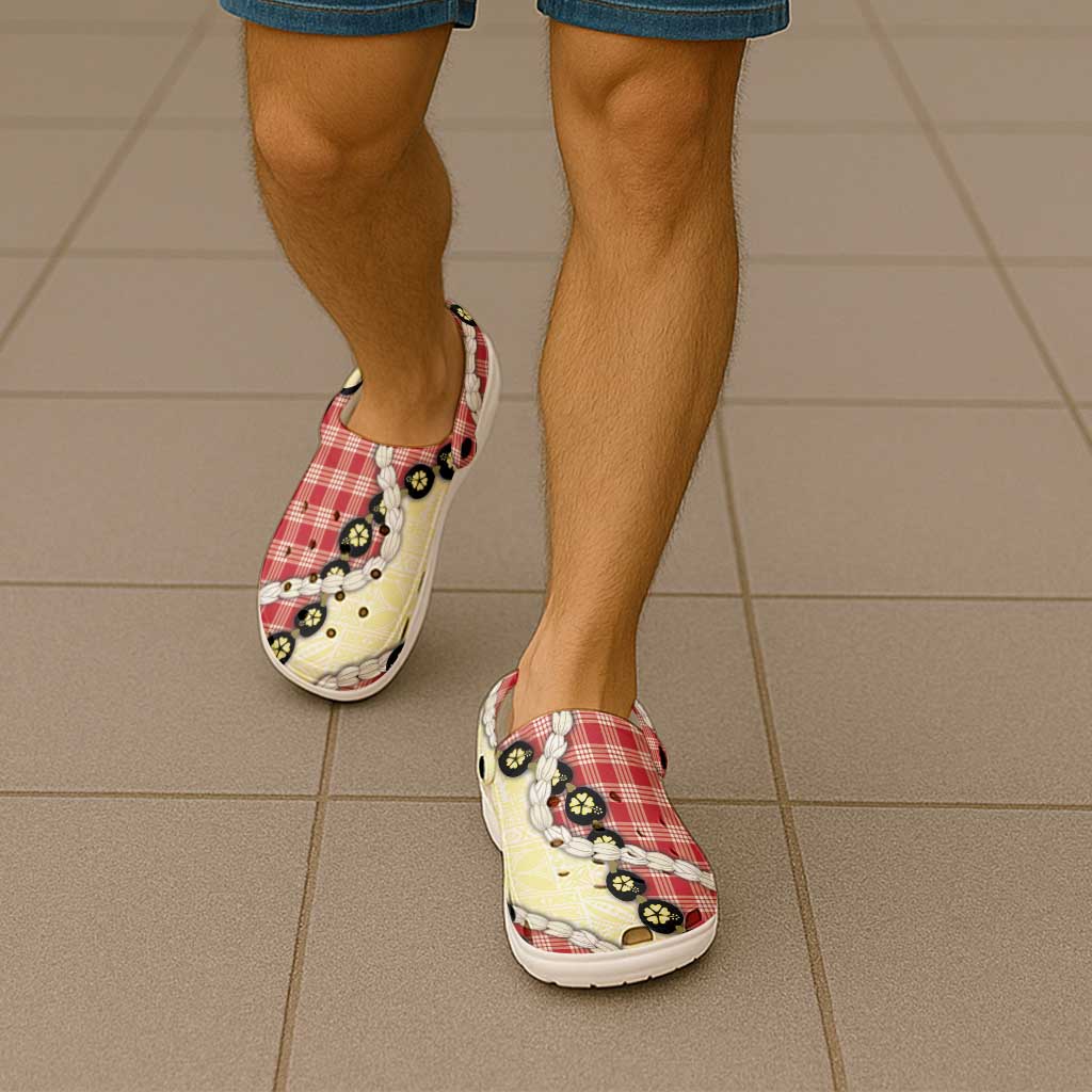 Red Palaka Hawaii Clogs Shoes Kukui Nut Pikake Lei Hawaiian Tapa Pattern - Polynesian Pride