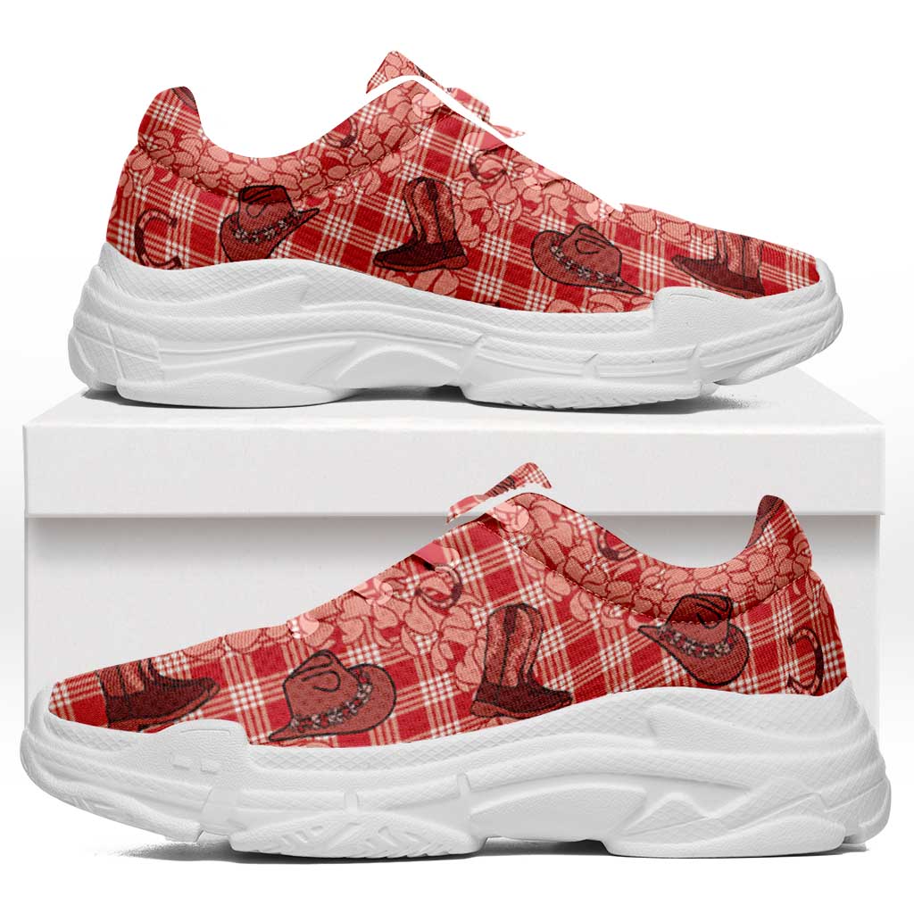 Red Palaka Hawaii Cowboy Chunky Sneakers Puakenikeni Lei Paniolo Papale Seamless Vibes - Polynesian Pride