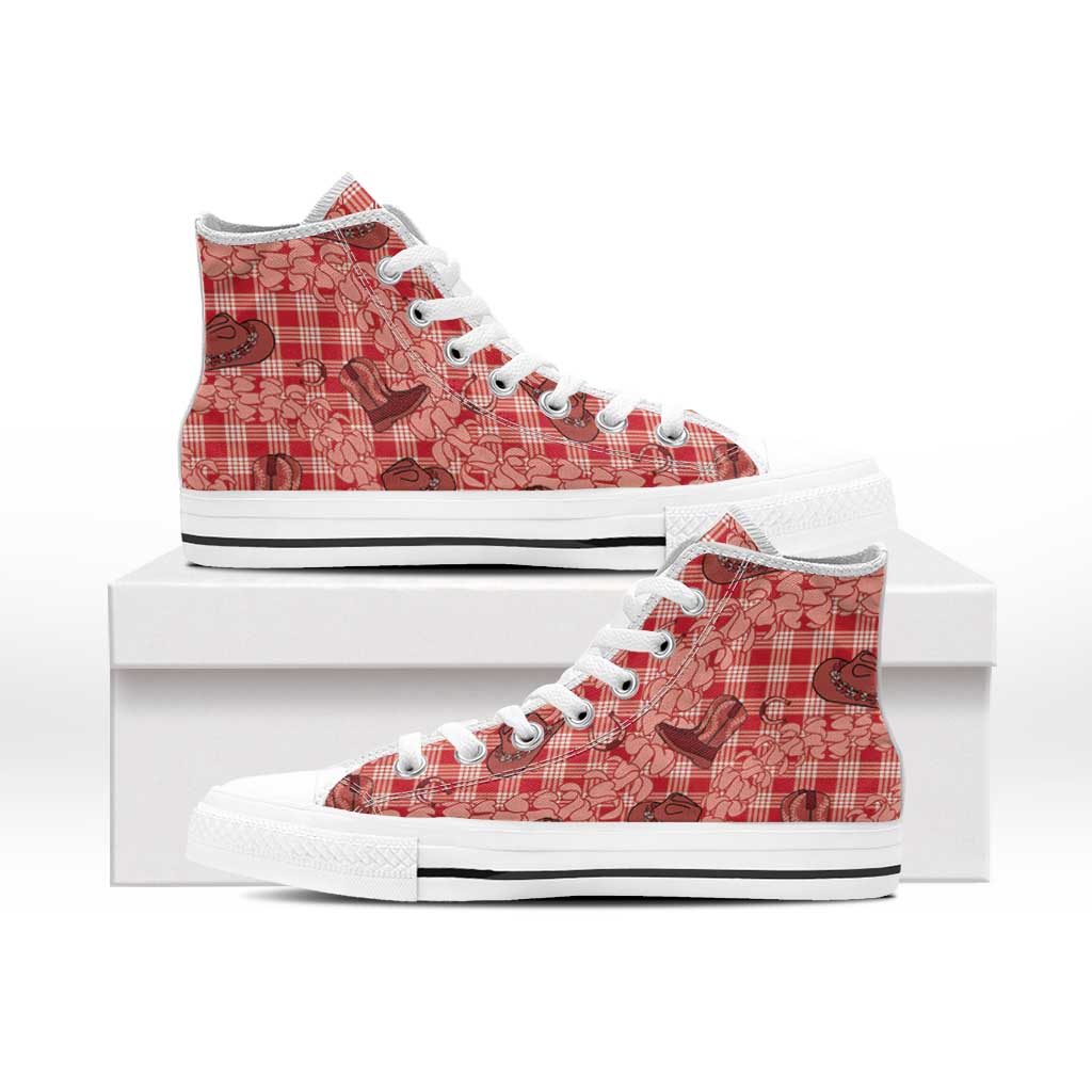 Red Palaka Hawaii Cowboy High Top Shoes Puakenikeni Lei Paniolo Papale Seamless Vibes - Polynesian Pride