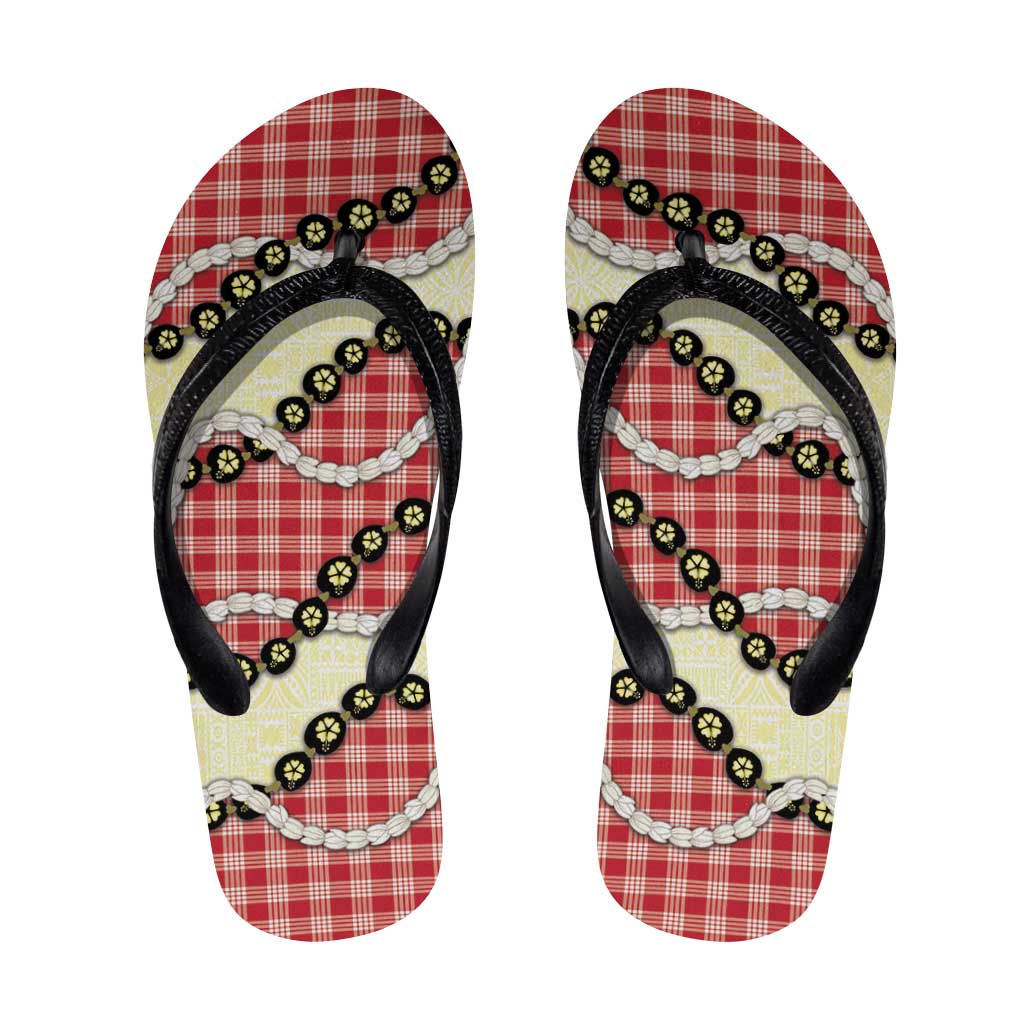 Red Palaka Hawaii Flip Flops Kukui Nut Pikake Lei Hawaiian Tapa Pattern - Polynesian Pride