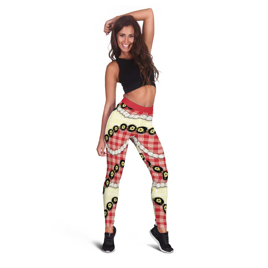 Red Palaka Hawaii Leggings Kukui Nut Pikake Lei Hawaiian Tapa Pattern - Polynesian Pride
