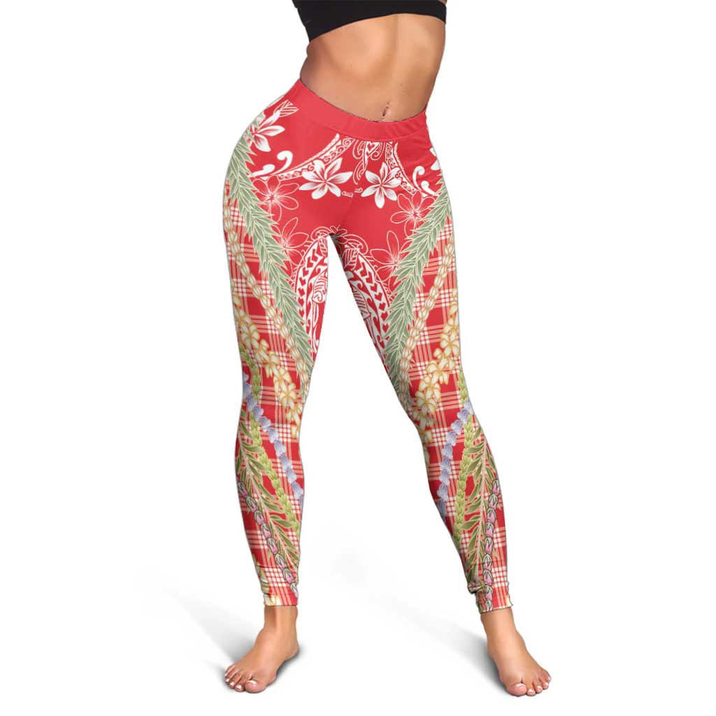 Red Palaka Hawaii Leis Leggings Hawaiian-plaid Elegant Tropical Vibes - Polynesian Pride