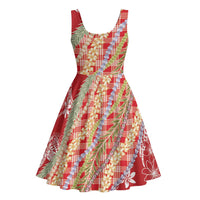 Red Palaka Hawaii Leis Midi Dress Hawaiian-plaid Elegant Tropical Vibes - Polynesian Pride