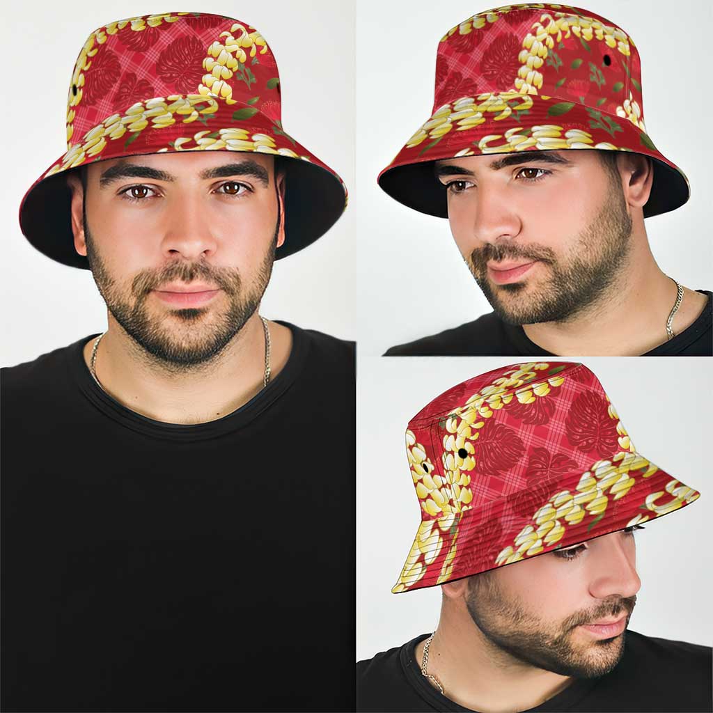 Red Palaka Hawaii Mele Kalikimaka Bucket Hat Ohia Lehua Monstera Puakenikeni Lei - Polynesian Pride