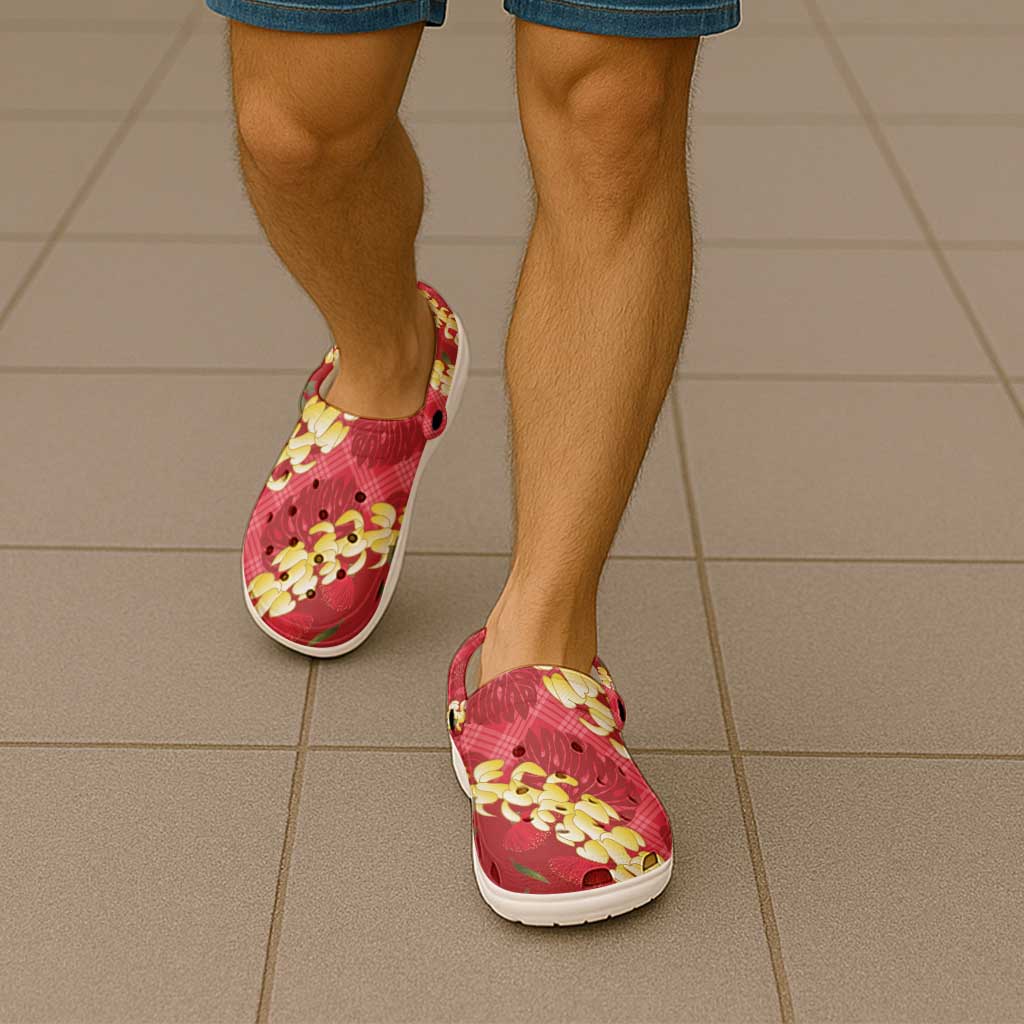 Red Palaka Hawaii Mele Kalikimaka Clogs Shoes Ohia Lehua Monstera Puakenikeni Lei - Polynesian Pride