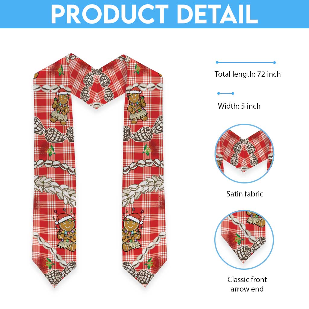 Red Palaka Hawaii Mele Kalikimaka Graduation Stole Ohia Lehua Shell Leis Funny Gingerbread Santa - Polynesian Pride