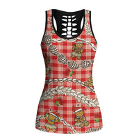 Red Palaka Hawaii Mele Kalikimaka Hollow Tank Top Ohia Lehua Shell Leis Funny Gingerbread Santa LT14 Female Red - Polynesian Pride