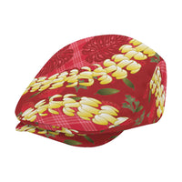 Red Palaka Hawaii Mele Kalikimaka Jeff Hat Ohia Lehua Monstera Puakenikeni Lei - Polynesian Pride