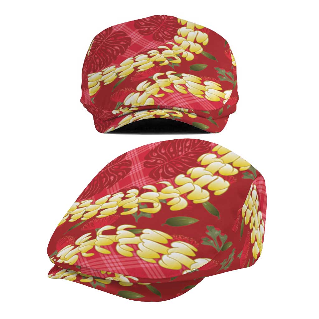 Red Palaka Hawaii Mele Kalikimaka Jeff Hat Ohia Lehua Monstera Puakenikeni Lei - Polynesian Pride